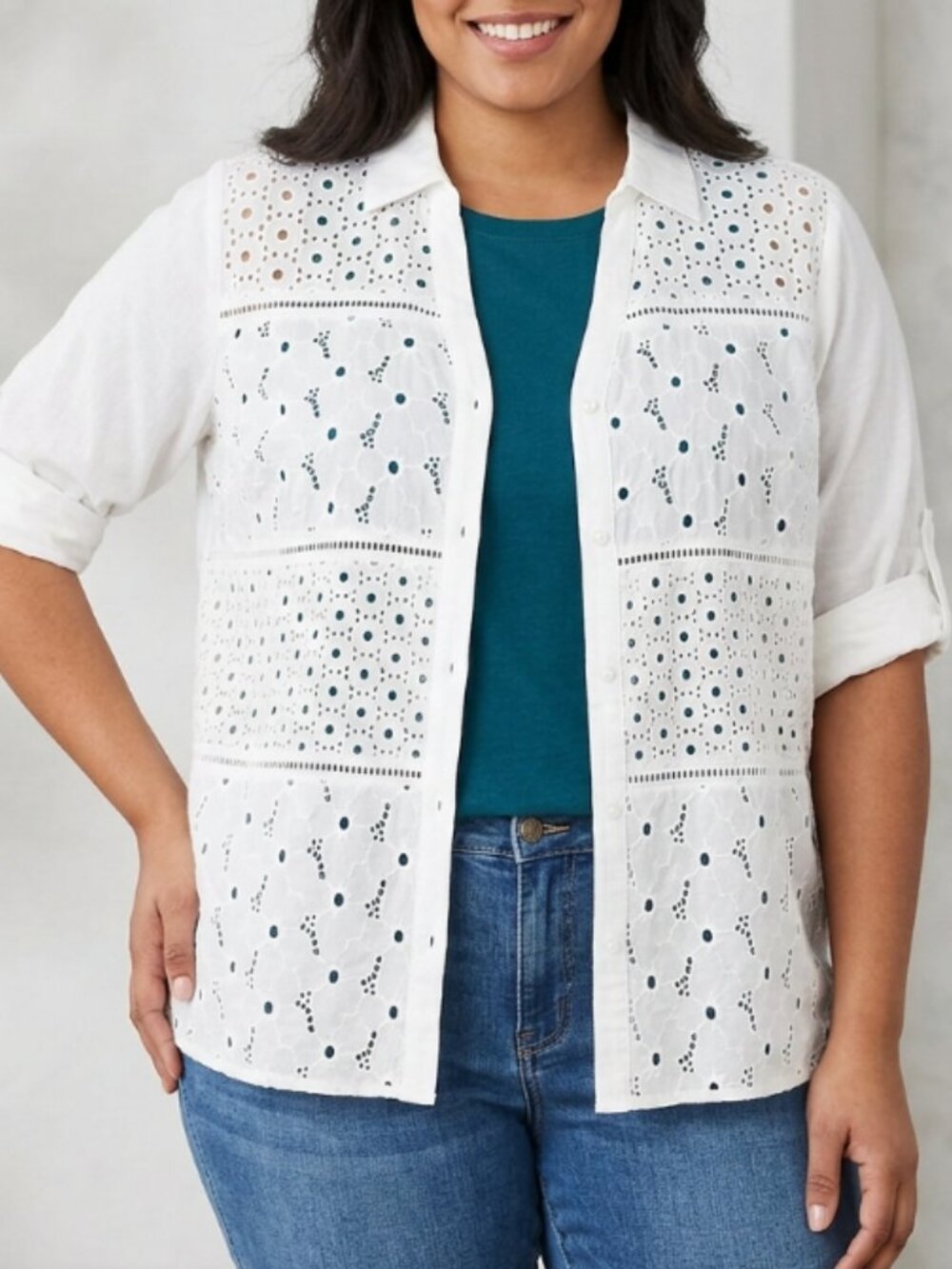 August Silk White Embroidered Eyelet Button Up Shirt Plus 1X Cottagecore Coastal
